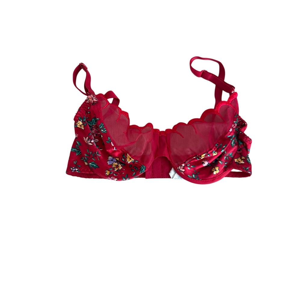 Vintage Olga 33022 Floral Mesh Underwire Bra 36B Red Sheer Embroidered Lingerie